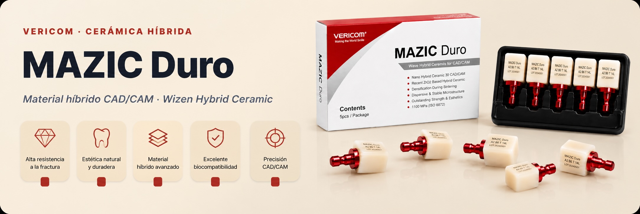 MAZIC Duro · Vericom — material híbrido CAD/CAM (Wizen Hybrid Ceramic): alta resistencia a la fractura, estética natural y duradera, material híbrido avanzado, excelente biocompatibilidad y precisión CAD/CAM
